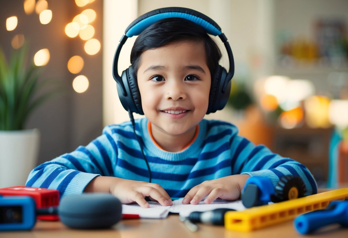 A child with special needs wearing Bose noise-canceling headphones while surrounded by various tools for daily living