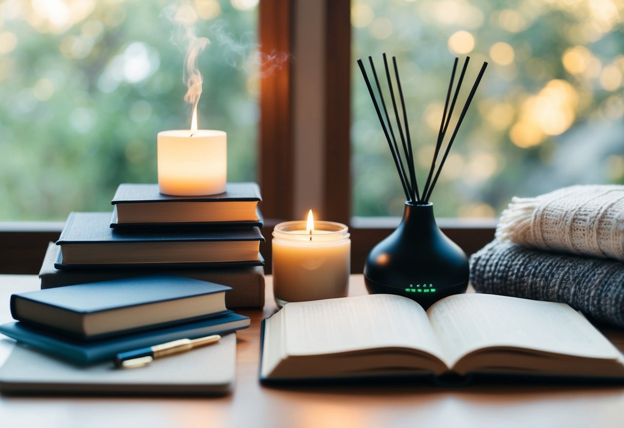 A serene scene with a variety of tools arranged neatly, including books, a journal, a cozy blanket, a soothing candle, and a calming essential oil diffuser