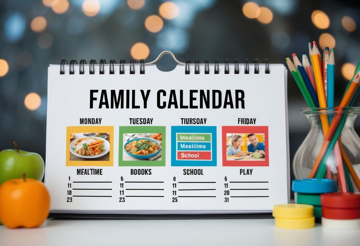 A family calendar with labeled images for daily tasks and activities, including mealtime, school, and play