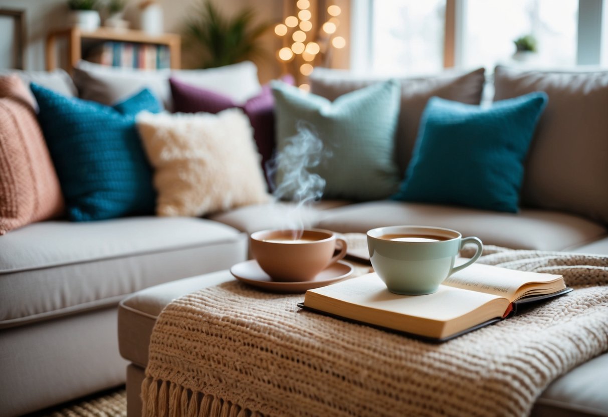 A cozy living room with a variety of comforting items such as plush pillows, a warm blanket, a cup of tea, and a journal