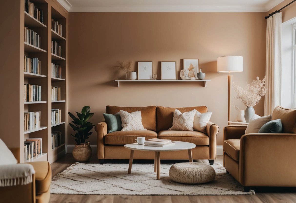 A cozy living room with a warm color palette, soft lighting, and comfortable seating. A shelf filled with books and calming decor