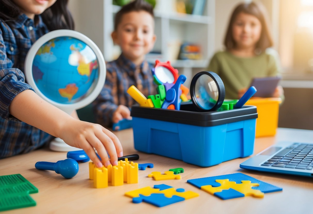 A child's hand reaching for a toolbox filled with various tools and strategies, including a magnifying glass, puzzle pieces, a communication device, and a supportive network of people