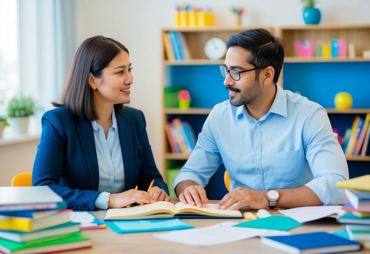 A parent and teacher sit at a table, discussing and brainstorming strategies and tools for advocating for a special needs child. They are surrounded by books, papers, and colorful educational materials