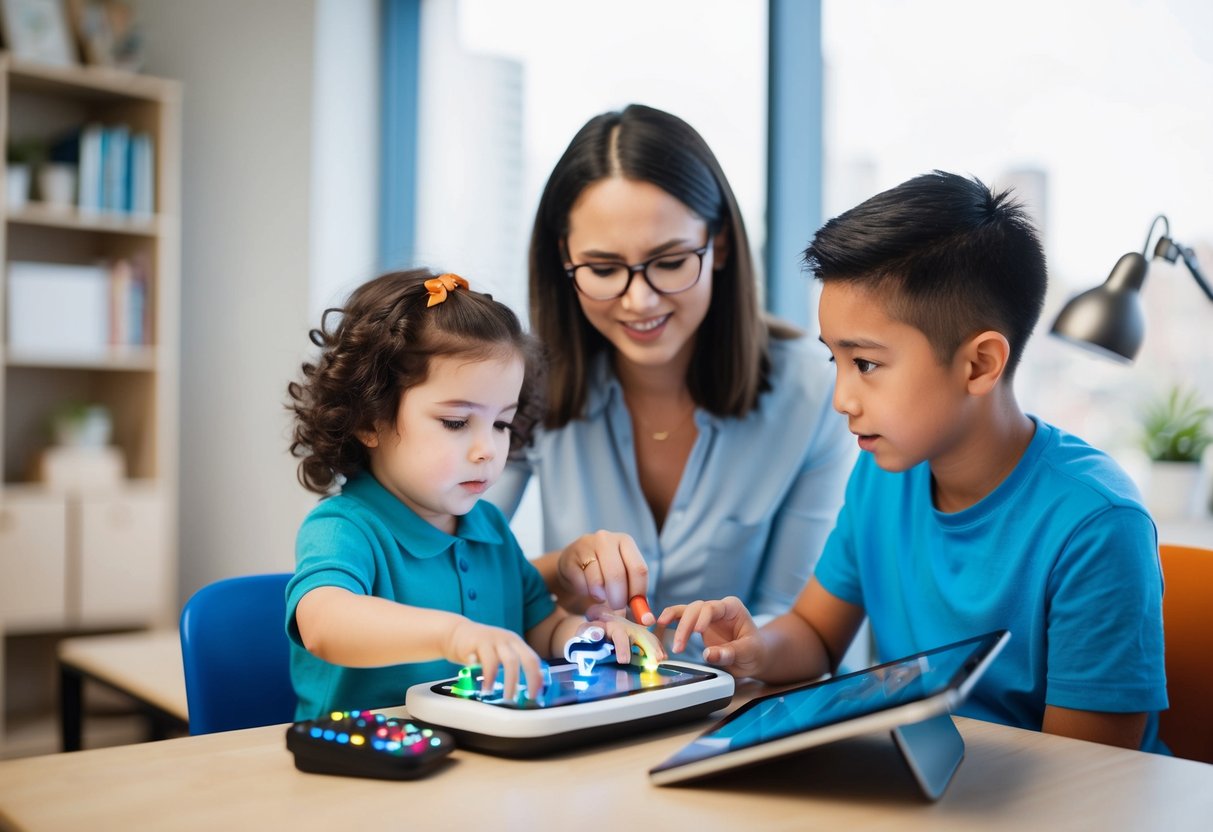 A child with special needs uses assistive technology tools while a parent advocates for their needs using various strategies and tools