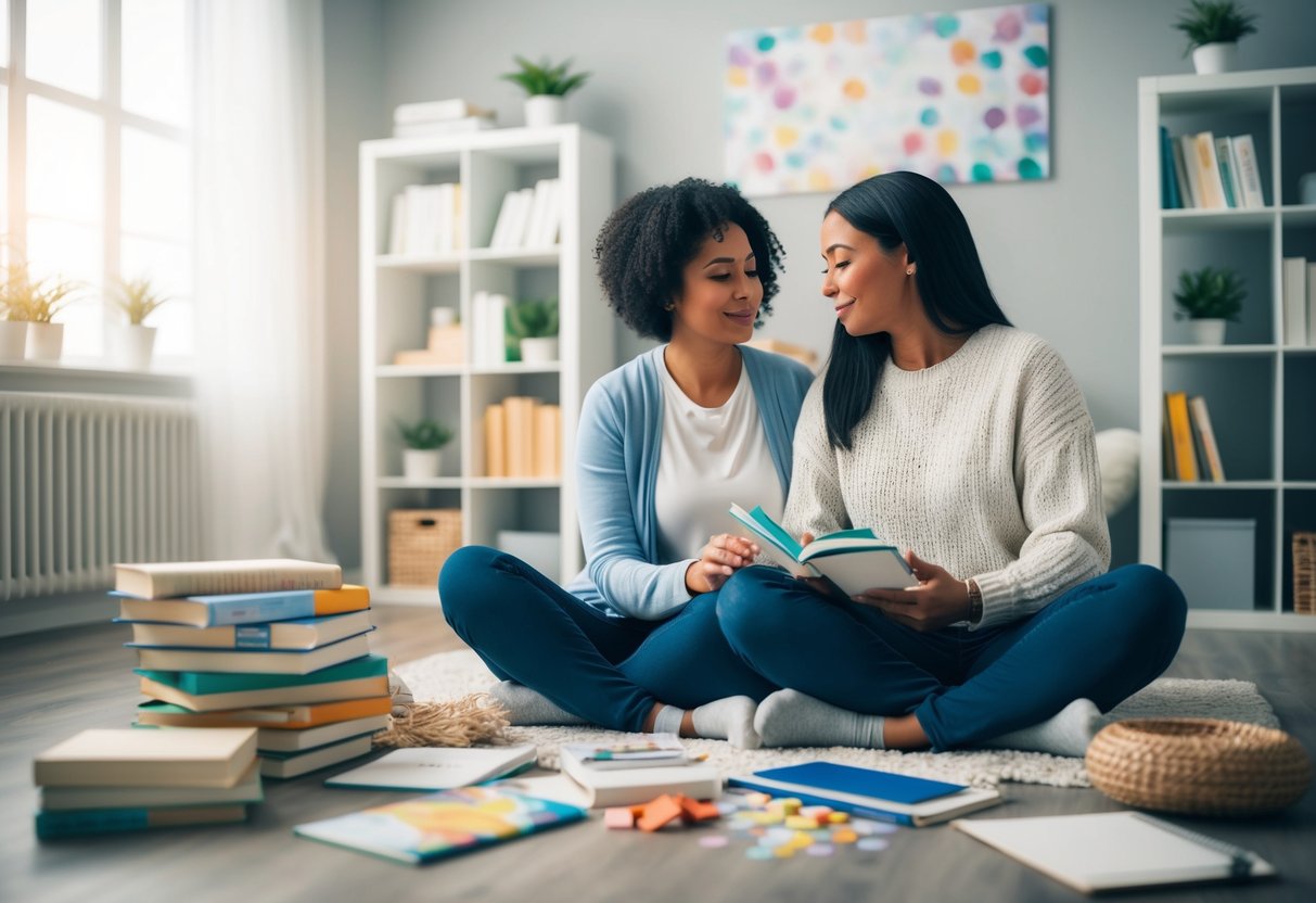 A serene and comforting scene with a parent surrounded by supportive resources such as books, therapy materials, self-care items, and a supportive community