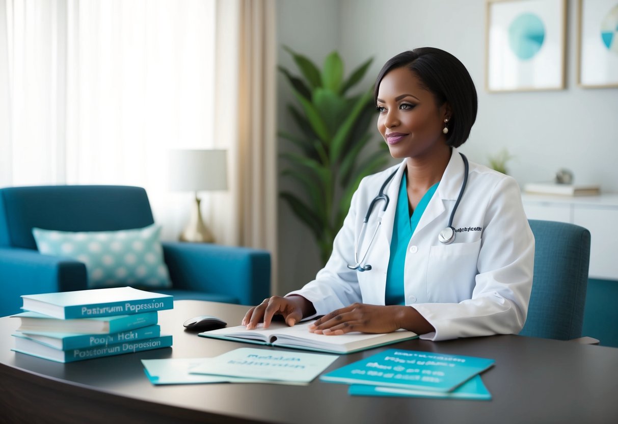 A medical professional sits at a desk surrounded by resources on postpartum depression. The room is calm and inviting, with soft lighting and comfortable seating