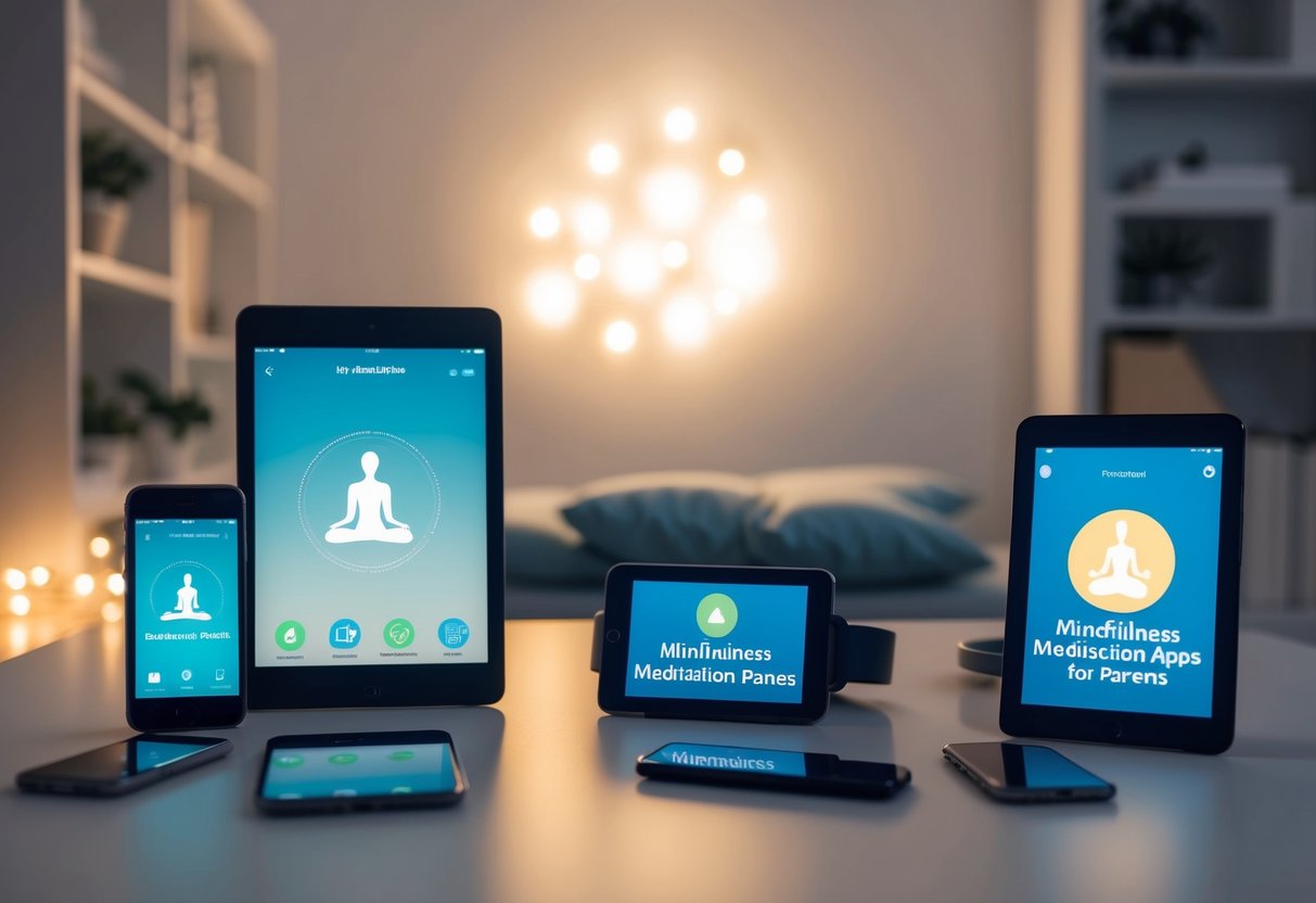 A peaceful, clutter-free room with soft lighting and a variety of electronic devices displaying mindfulness and meditation apps for parents