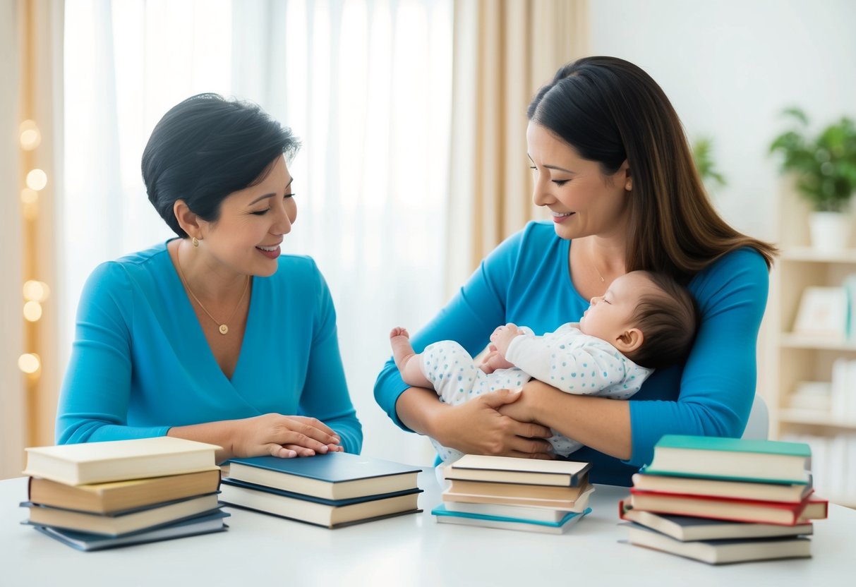 A serene setting with a mother and baby surrounded by supportive resources such as books, hotlines, and support groups