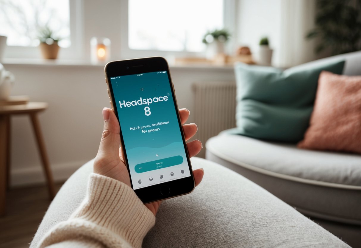 A serene, clutter-free room with a cozy chair, soft lighting, and a smartphone displaying the Headspace 8 app for mindfulness and meditation for parents