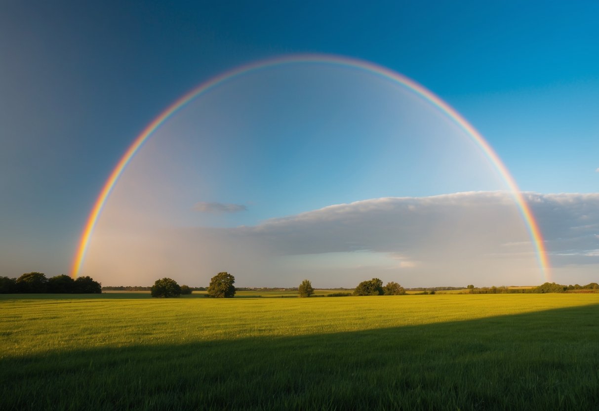 A serene landscape with a clear blue sky and a vibrant rainbow stretching across the horizon, symbolizing hope and the passing of time