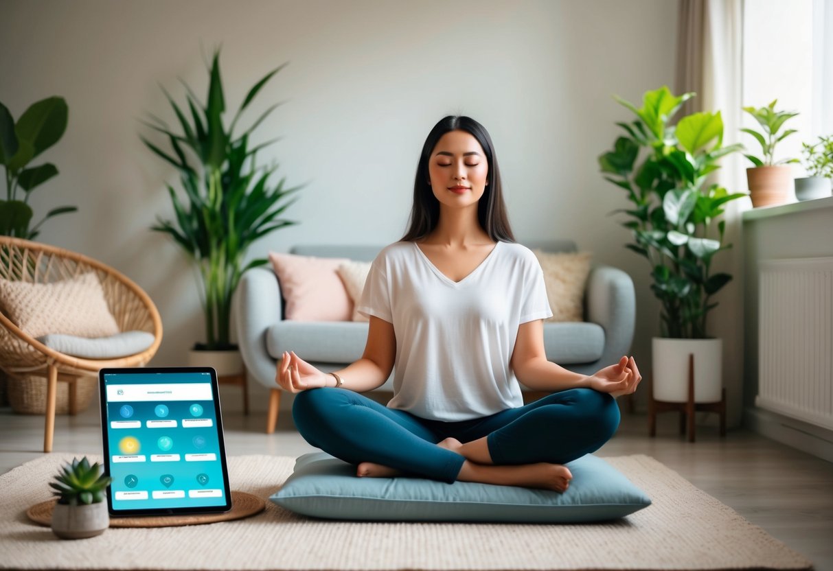 A serene, cozy living room with soft lighting and plants. A parent sits cross-legged on a cushion, eyes closed, surrounded by calming mindfulness and meditation apps on a tablet