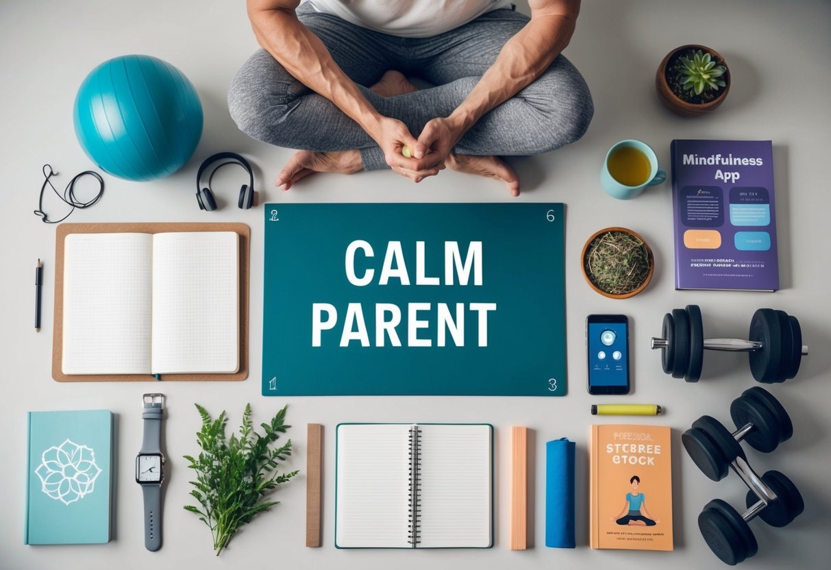 A calm parent surrounded by 9 tools: a journal, yoga mat, stress ball, soothing music, herbal tea, mindfulness app, support group, exercise equipment, and a self-help book