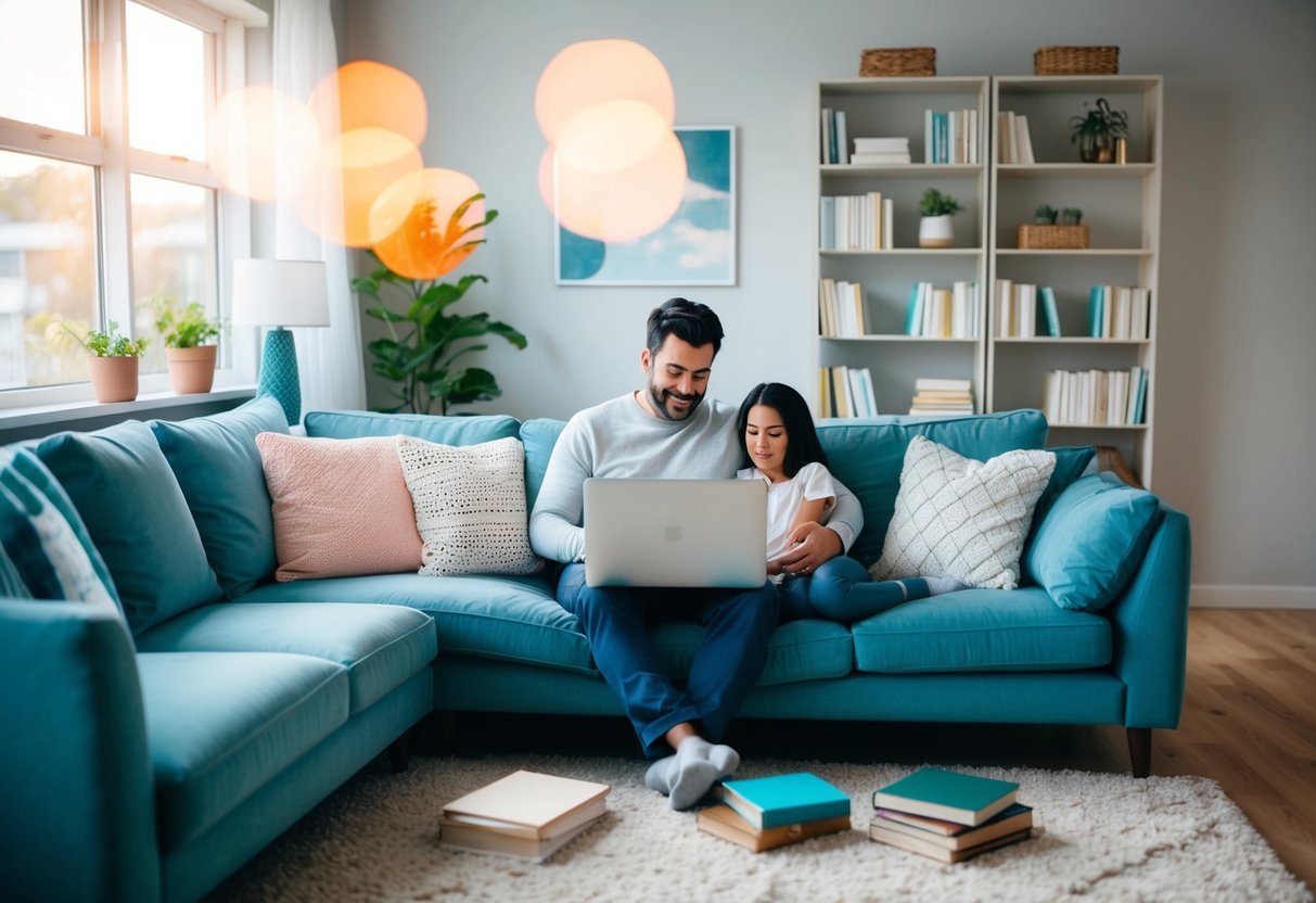 A cozy living room with a parent sitting on a comfortable couch, surrounded by supportive resources for postpartum depression - a laptop, books, and a calming atmosphere