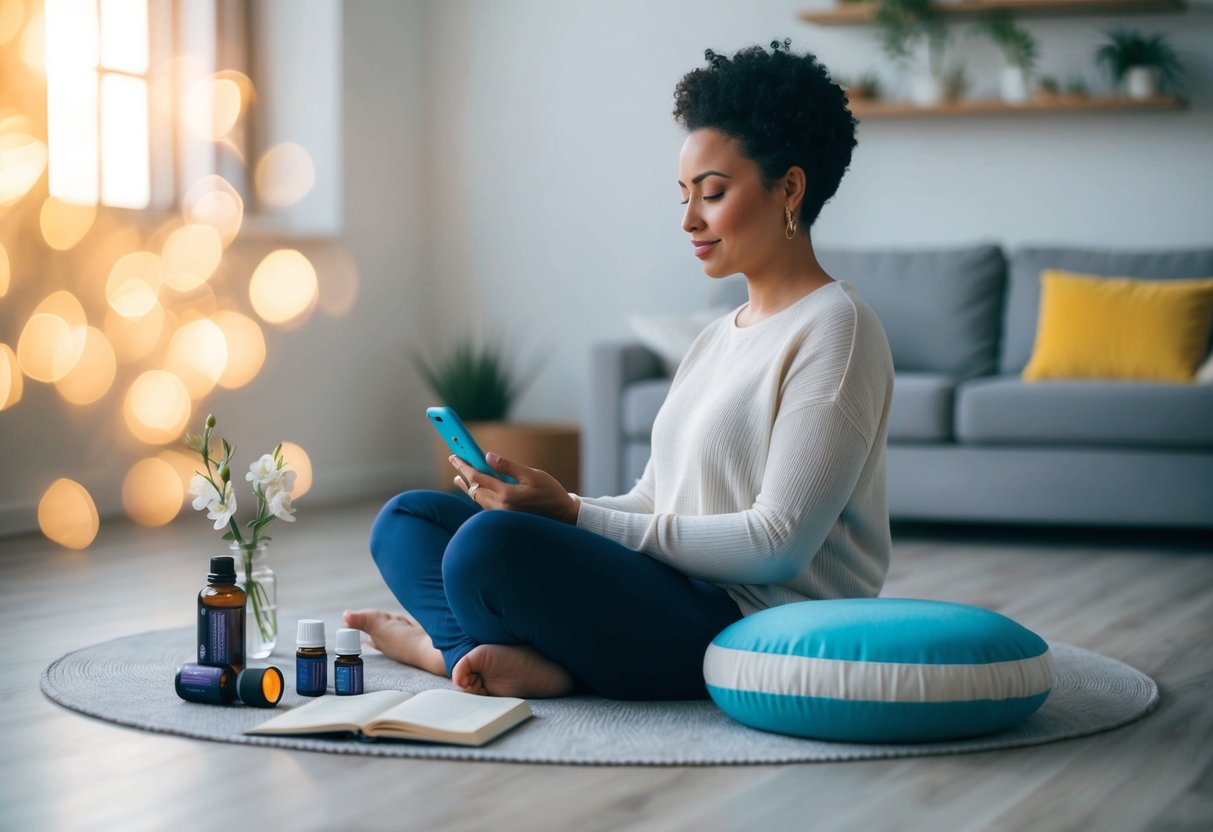 A serene parent sits surrounded by calming tools, such as a journal, meditation cushion, and soothing essential oils, while using the Headspace app on their phone