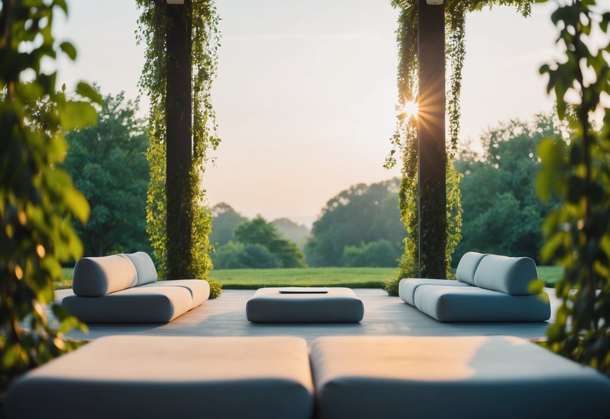 A serene, open space with soft natural lighting, surrounded by greenery, and featuring a peaceful, comfortable seating area for meditation and mindfulness practice