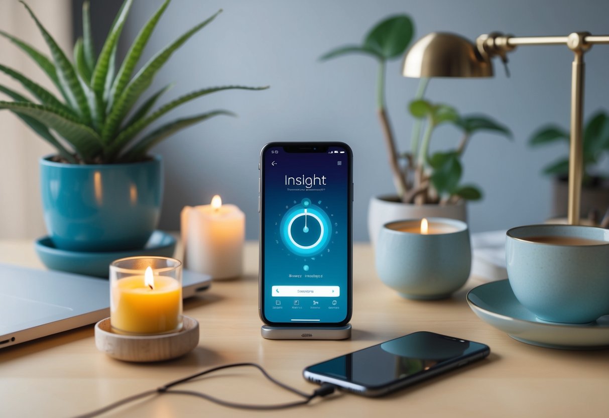 A serene, clutter-free desk with a smartphone displaying the Insight Timer app, surrounded by calming elements like a plant, candle, and a cup of tea