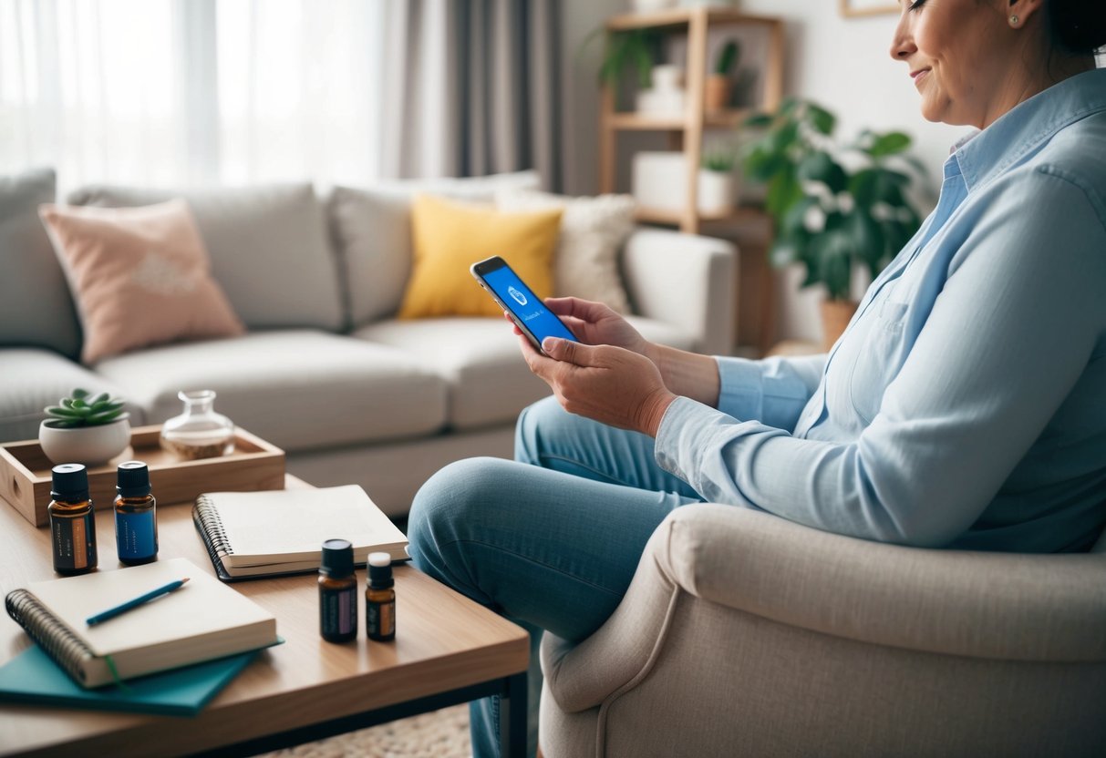 A serene, cozy living room with a parent sitting in a comfortable chair, surrounded by calming tools such as a journal, soothing essential oils, and a mindfulness app on a smartphone