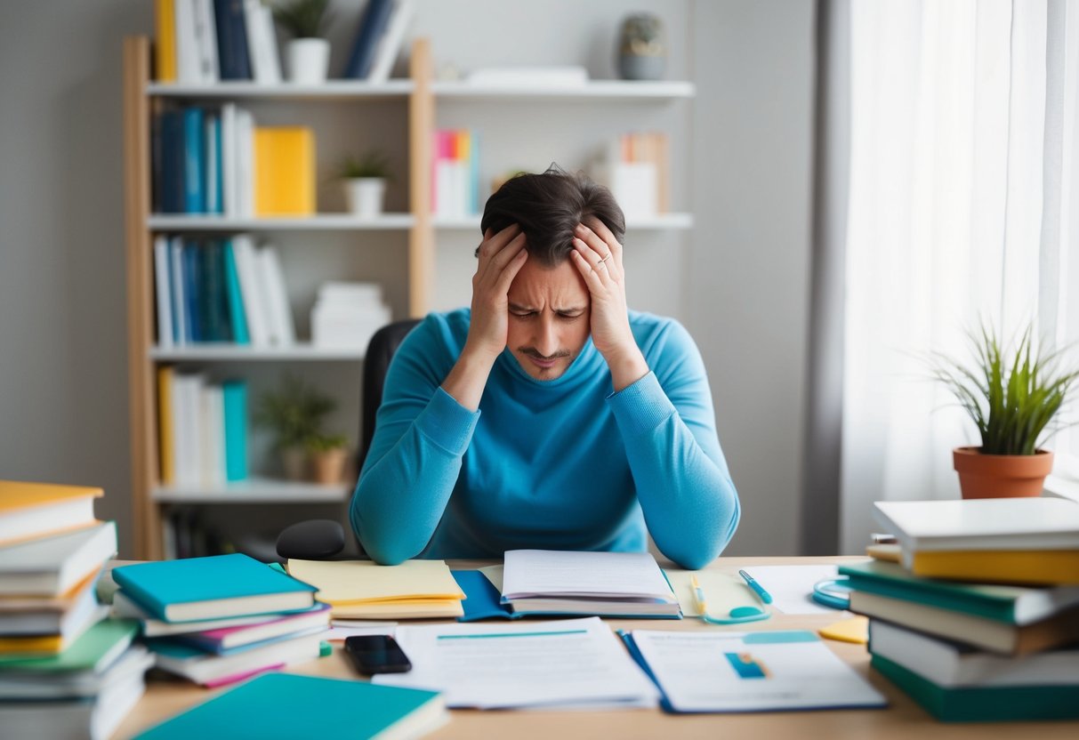 A parent sits at a cluttered desk, surrounded by parenting books and papers. They hold their head in frustration as they try to manage their stress