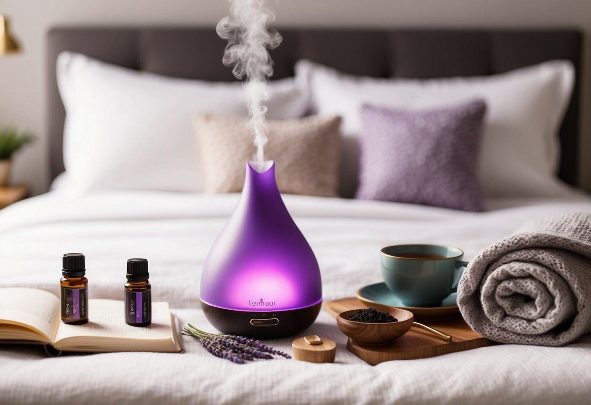 A serene bedroom with a diffuser emitting lavender essential oil, surrounded by calming tools like a journal, tea, and a cozy blanket