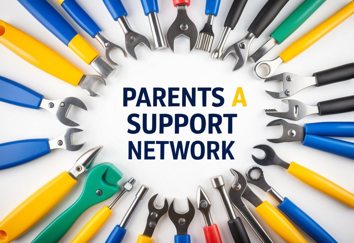 A group of diverse tools arranged in a circle, representing different resources for parents to build a support network