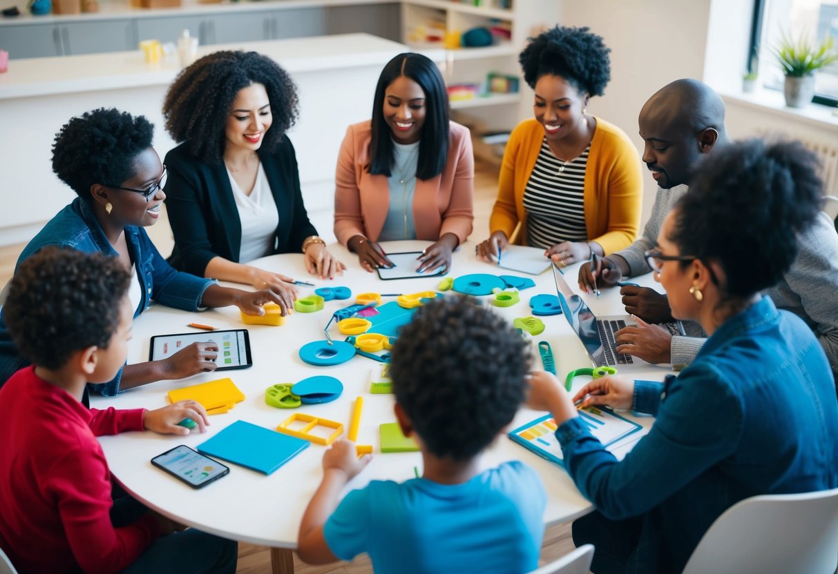 A group of diverse parents gather around a table, using various tools and resources to support each other and build a strong network