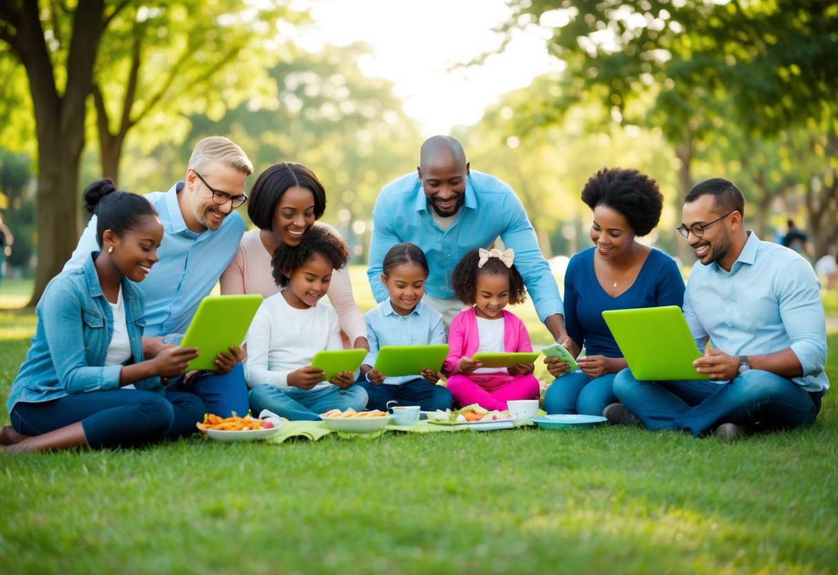 A group of diverse families gather in a park, using Cozi Family Organizer to plan and coordinate activities, meals, and schedules