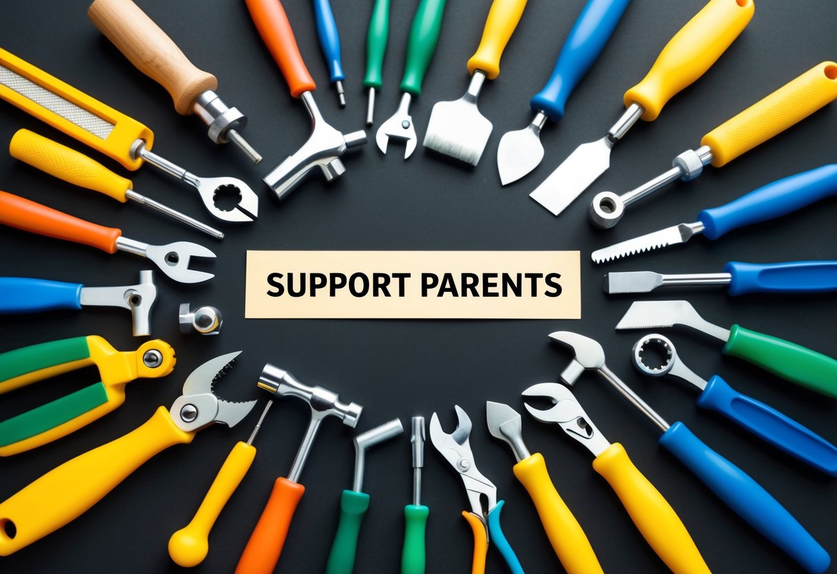 A group of diverse tools arranged in a circle, representing support and connection for parents. Each tool symbolizes a different aspect of building a strong support network