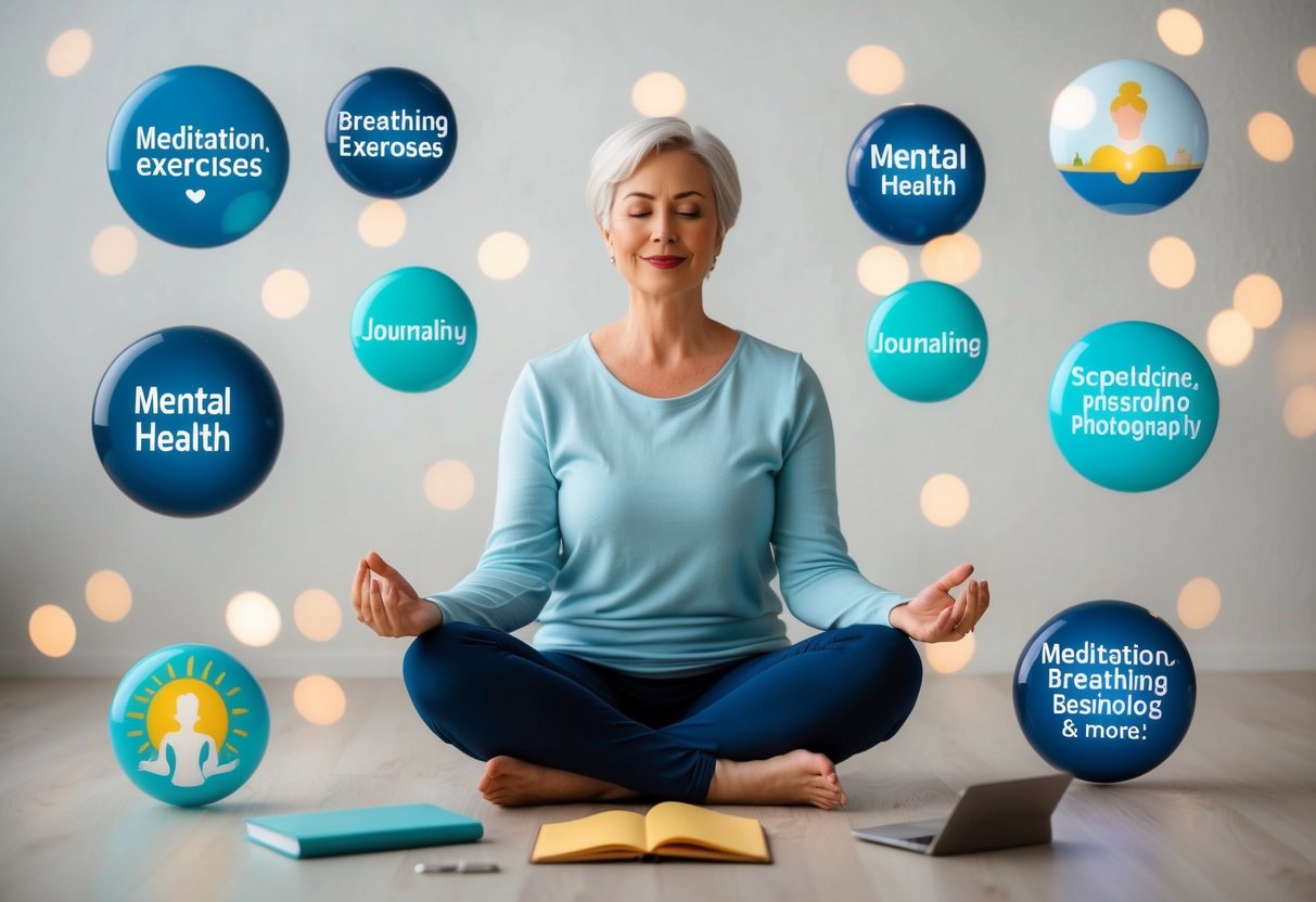 A serene parent surrounded by 9 floating tools for mental health: meditation, breathing exercises, journaling, and more