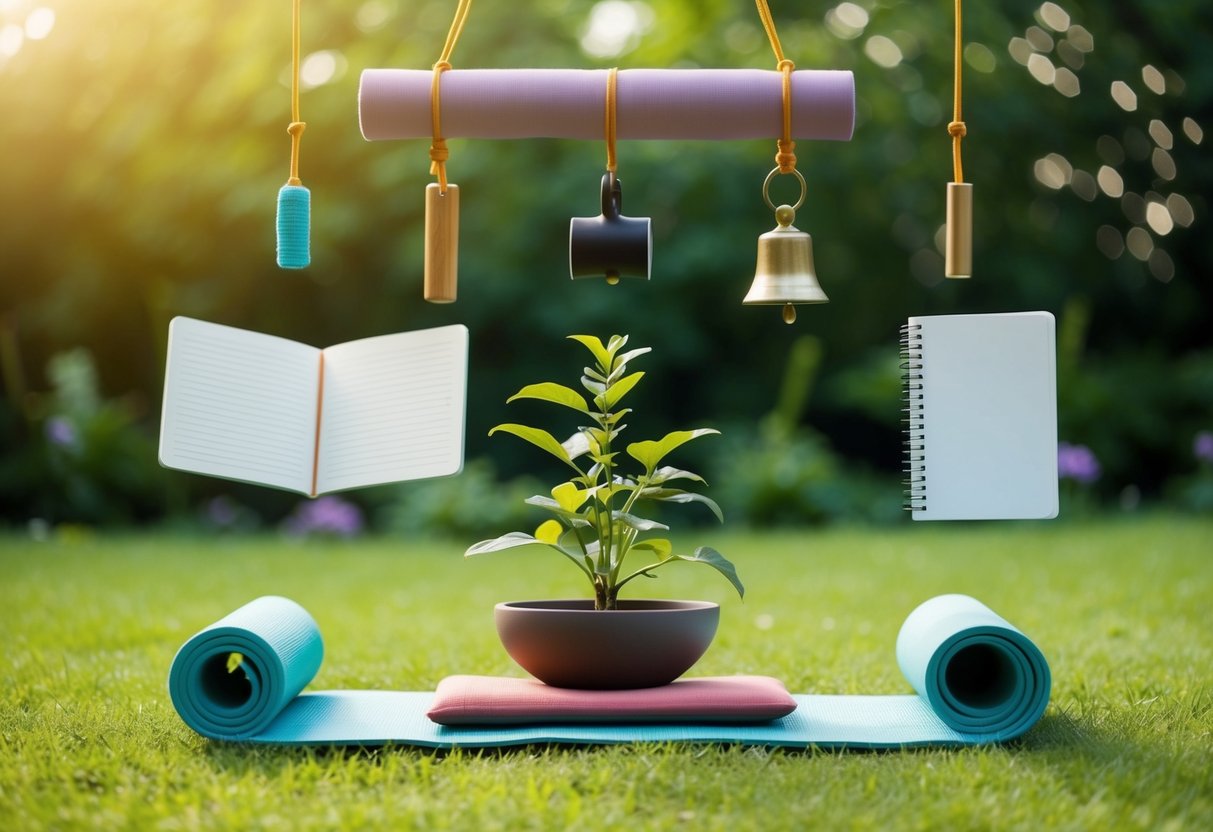 A serene garden with 9 tools floating above, including a yoga mat, mindfulness bell, and journal, surrounded by peaceful nature