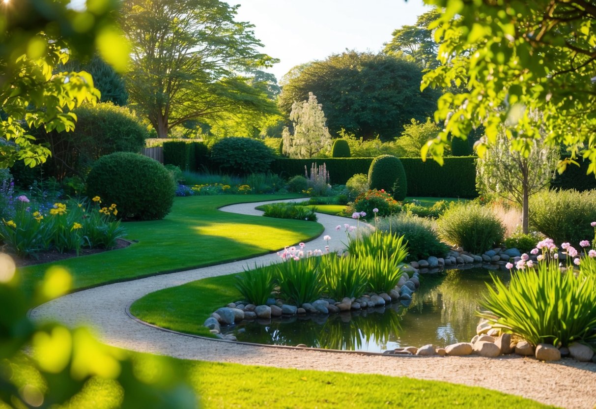 A peaceful, sunlit garden with a winding path, blooming flowers, and a serene pond surrounded by lush greenery