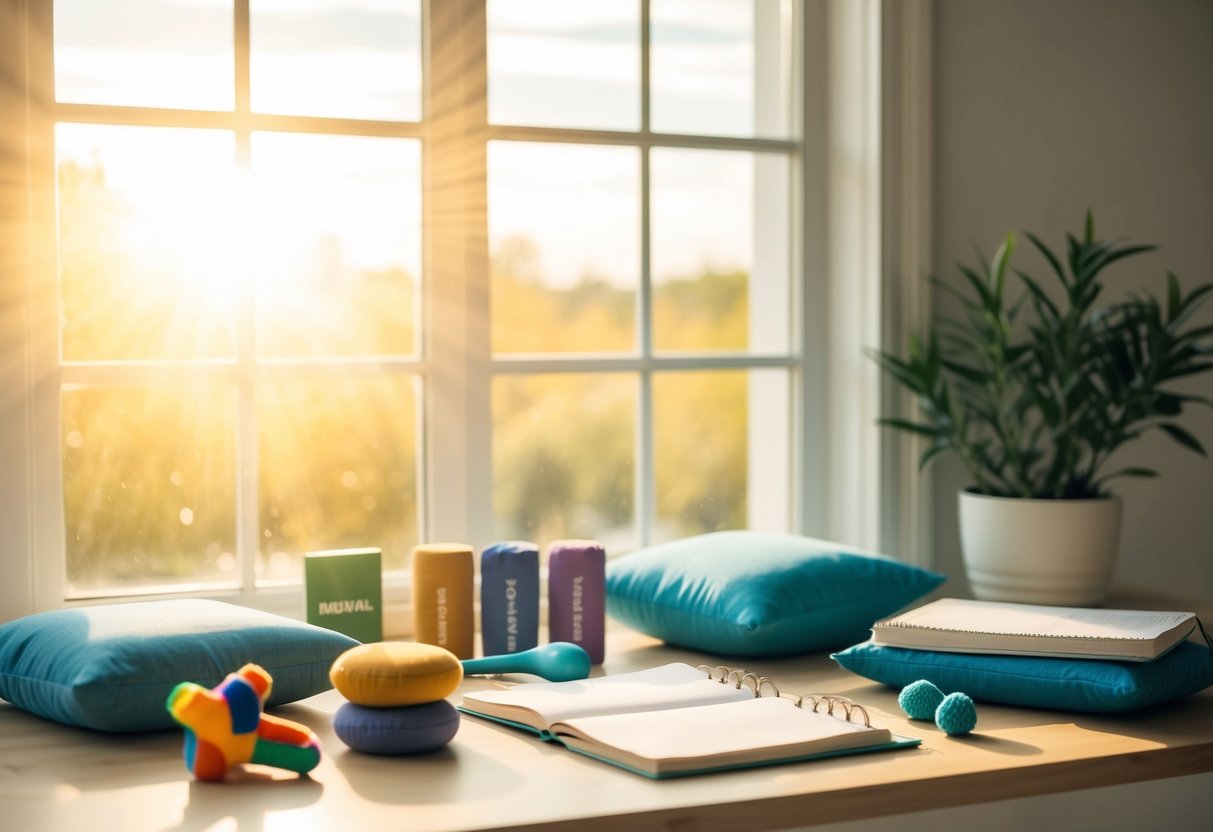 A serene setting with a variety of mental health tools displayed, such as journals, meditation cushions, and stress-relief toys. Sunshine streams in through a window, casting a warm glow over the scene