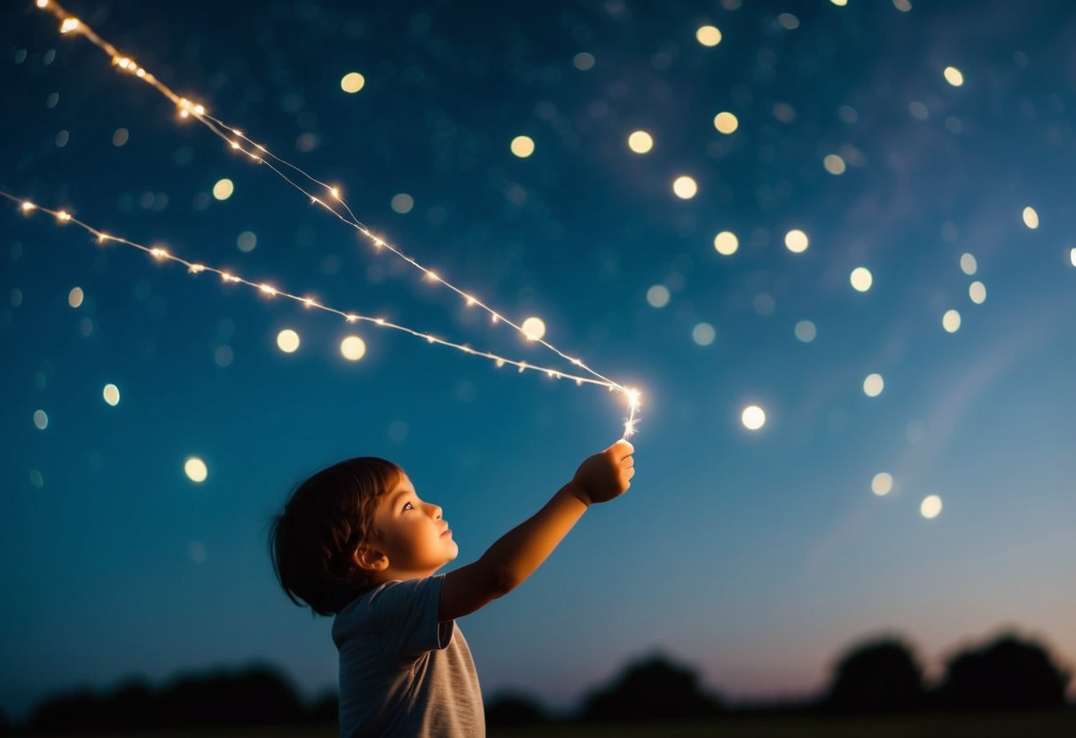 A child holding one end of a glowing, ethereal string while looking up at the stars. The other end of the string disappears into the night sky