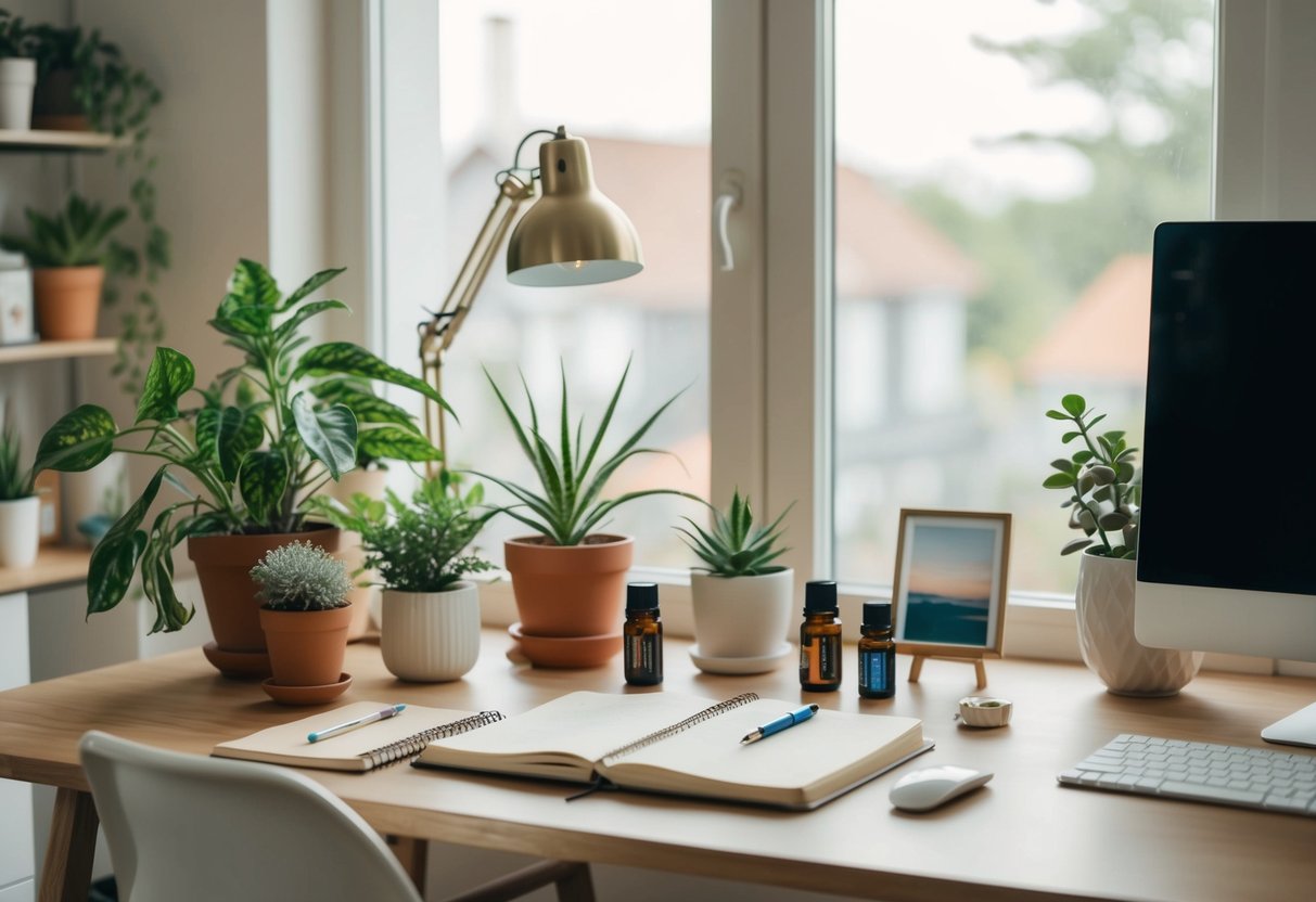 A cozy home office with a desk, journal, and a variety of self-care tools such as plants, essential oils, and calming artwork