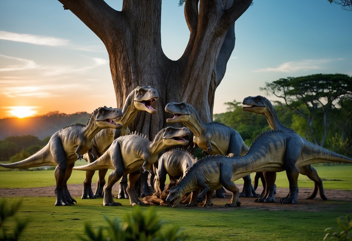 A group of dinosaurs gather around a large, ancient tree. The sun sets in the background as they mourn the loss of a fellow dinosaur