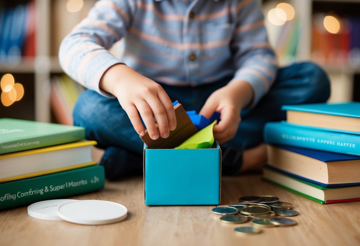 A child's hand placing items into a small box, surrounded by comforting resources like books and support materials