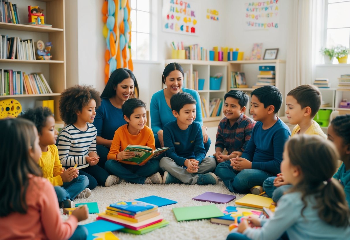 A group of children and adults gather in a comforting space, surrounded by books, art supplies, and supportive resources. A sense of warmth and understanding fills the room