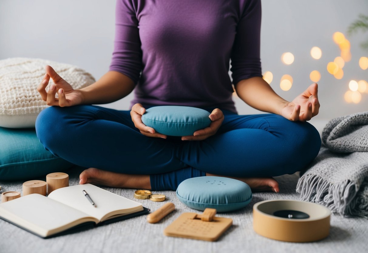 A parent surrounded by tools and techniques for self-compassion, such as a journal, meditation cushion, soothing music, and a cozy blanket