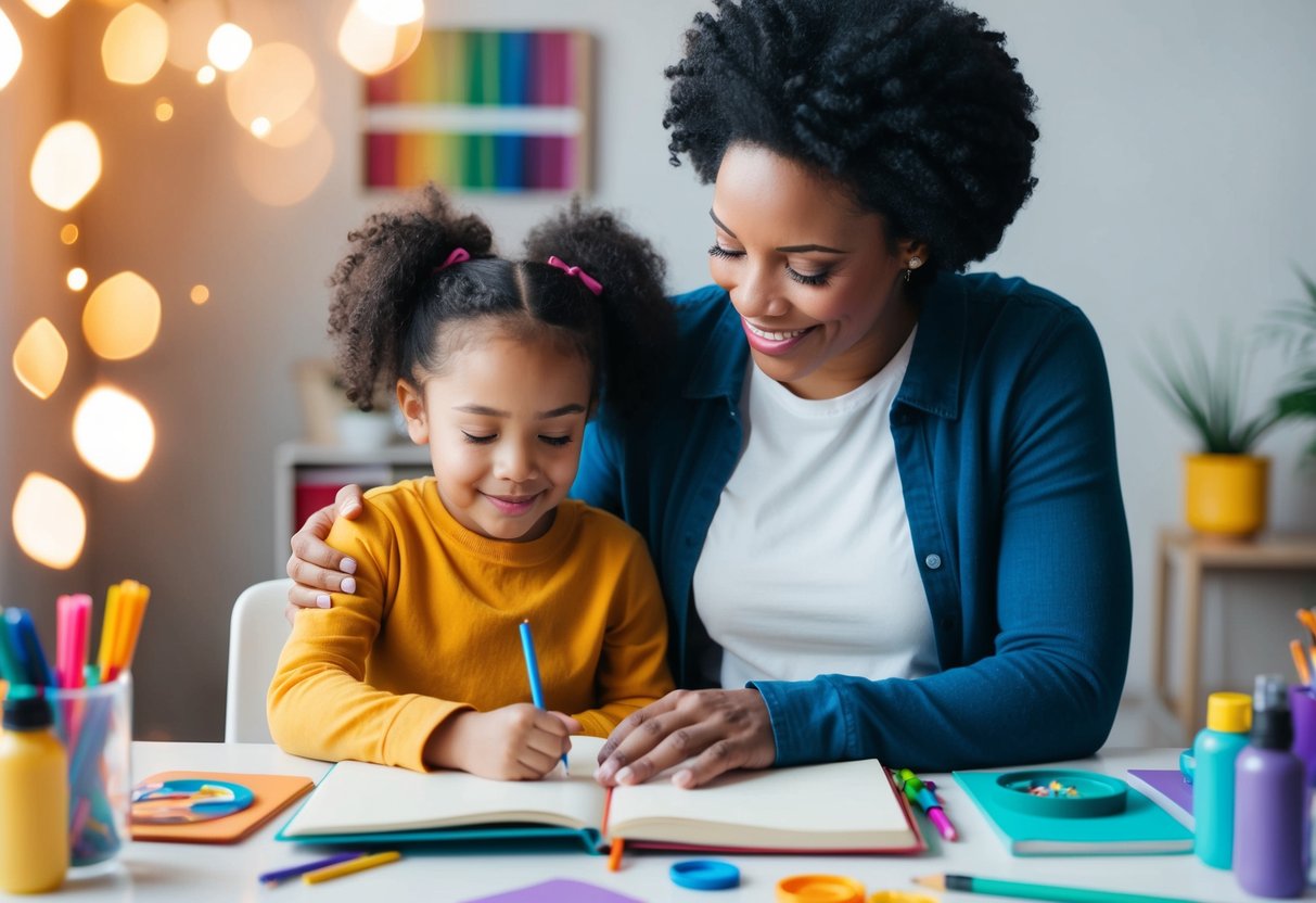 A parent and child sitting together, surrounded by colorful art supplies and a journal, engaging in affirmations and self-compassion exercises