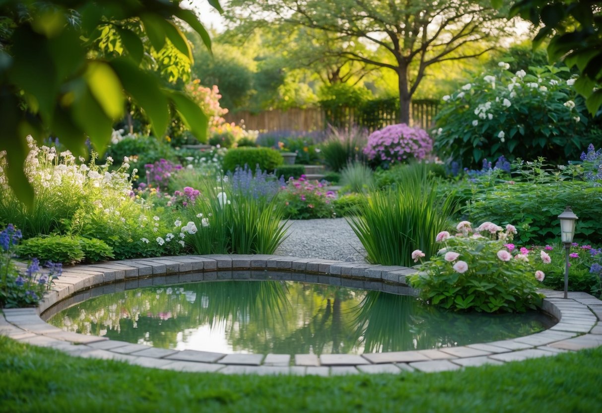 A peaceful garden with a serene pond, surrounded by blooming flowers and lush greenery, creating a tranquil and nurturing atmosphere for self-compassion practice