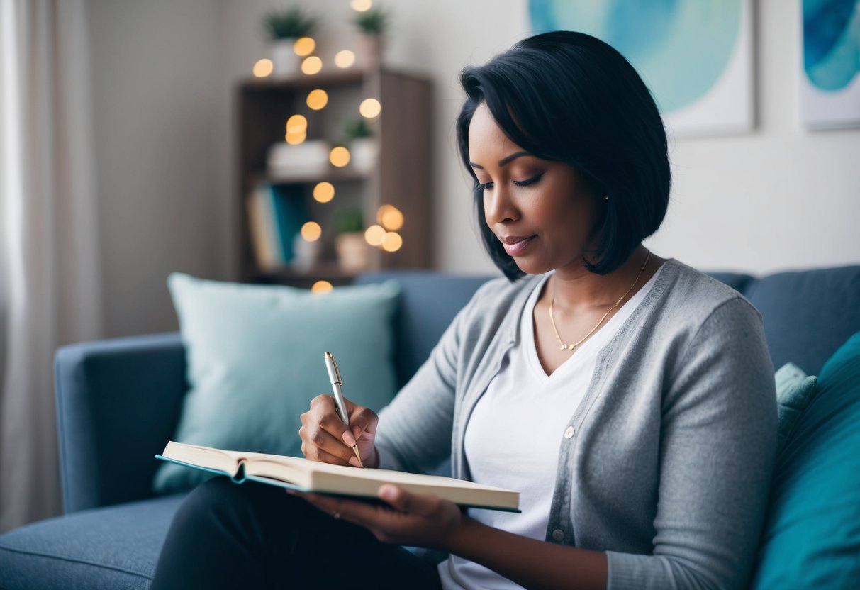 A parent sitting in a quiet room, surrounded by calming colors and soft lighting, with a journal and pen in hand, practicing self-compassion exercises from the workbook