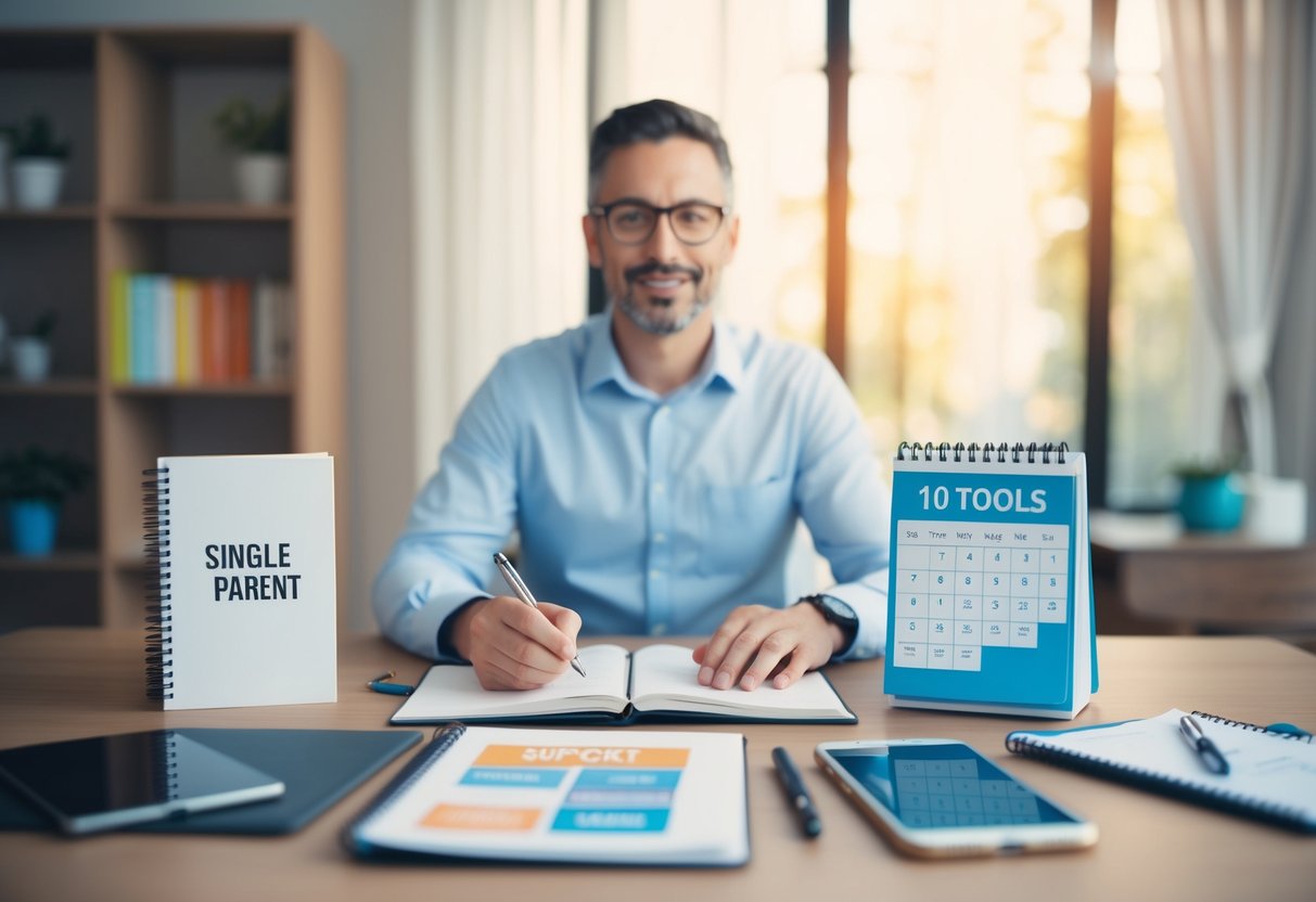 A single parent sitting at a table surrounded by 10 tools including a journal, a support group flyer, a calendar, and a phone with various apps