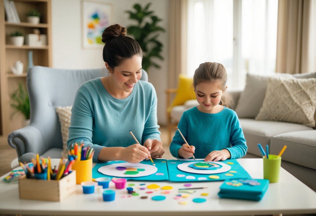 A cozy living room with soft lighting, a comfortable chair, and a table covered in art supplies. A parent and child sit together, creating self-compassionate art