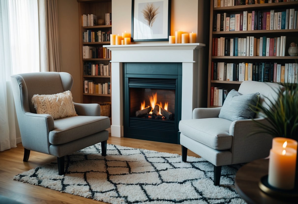 A cozy living room with a warm fireplace, a comfortable armchair, and a bookshelf filled with self-help books and calming candles