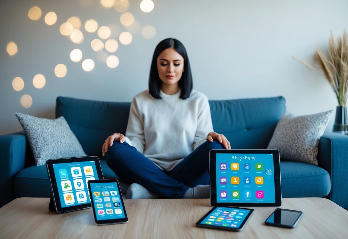 A single parent sitting on a couch, surrounded by a tablet, smartphone, and other digital devices displaying various therapy apps