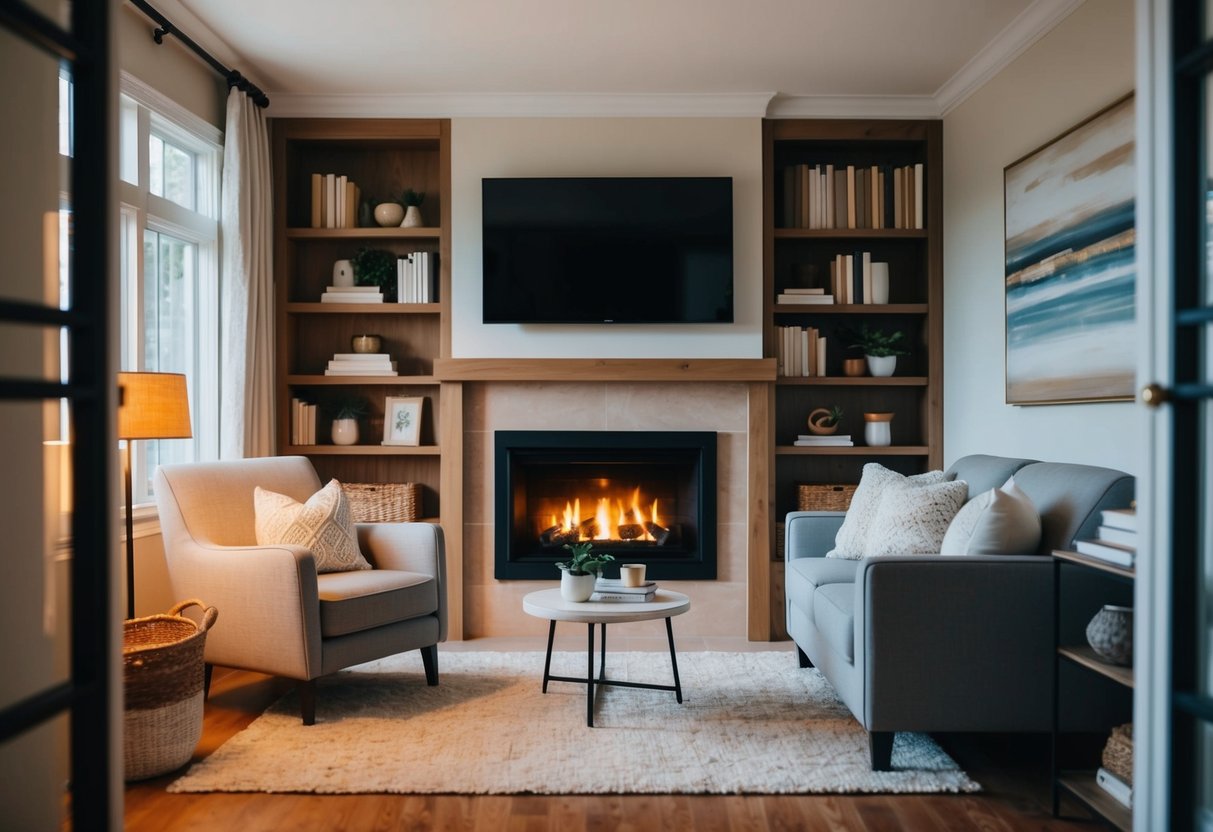 A cozy living room with a warm, glowing fireplace, a comfortable armchair, and a shelf filled with books and calming decor