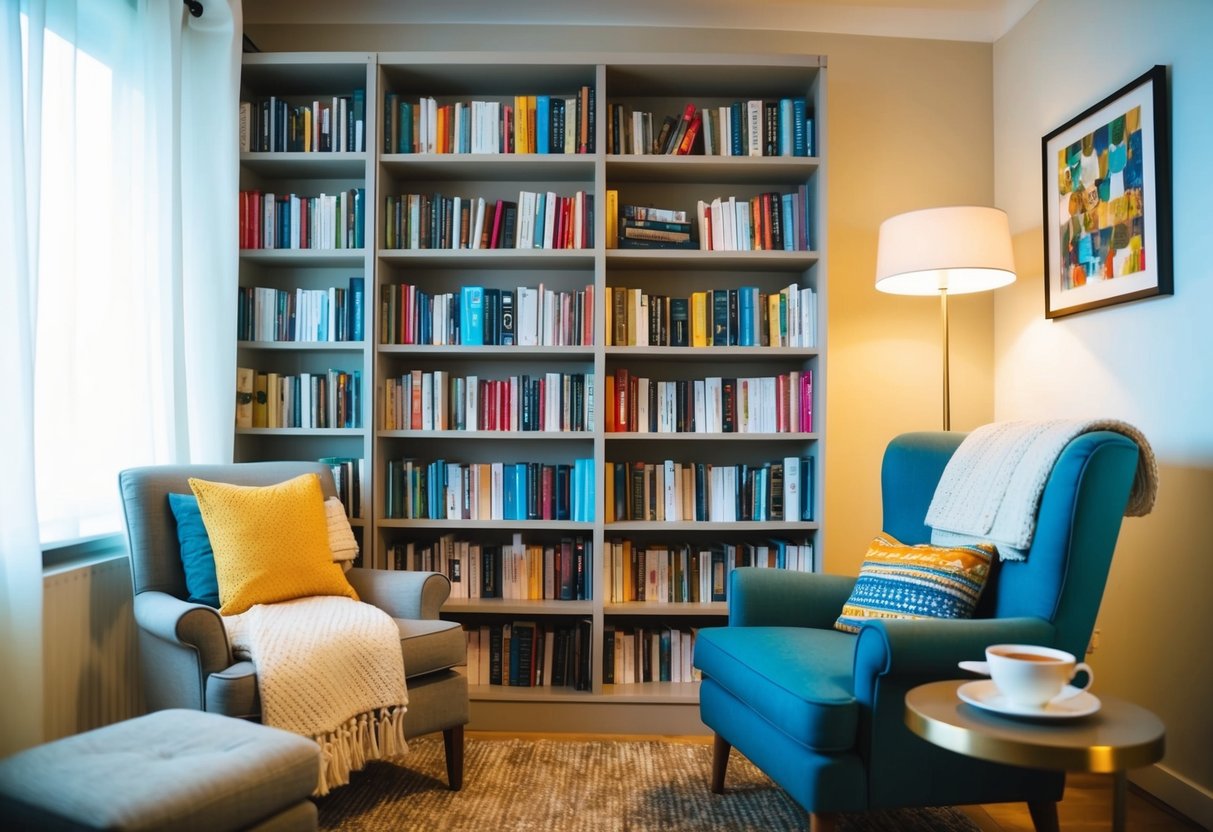 A cozy living room with a bookshelf filled with self-help books, a comfortable armchair, a warm blanket, and a cup of tea on a side table