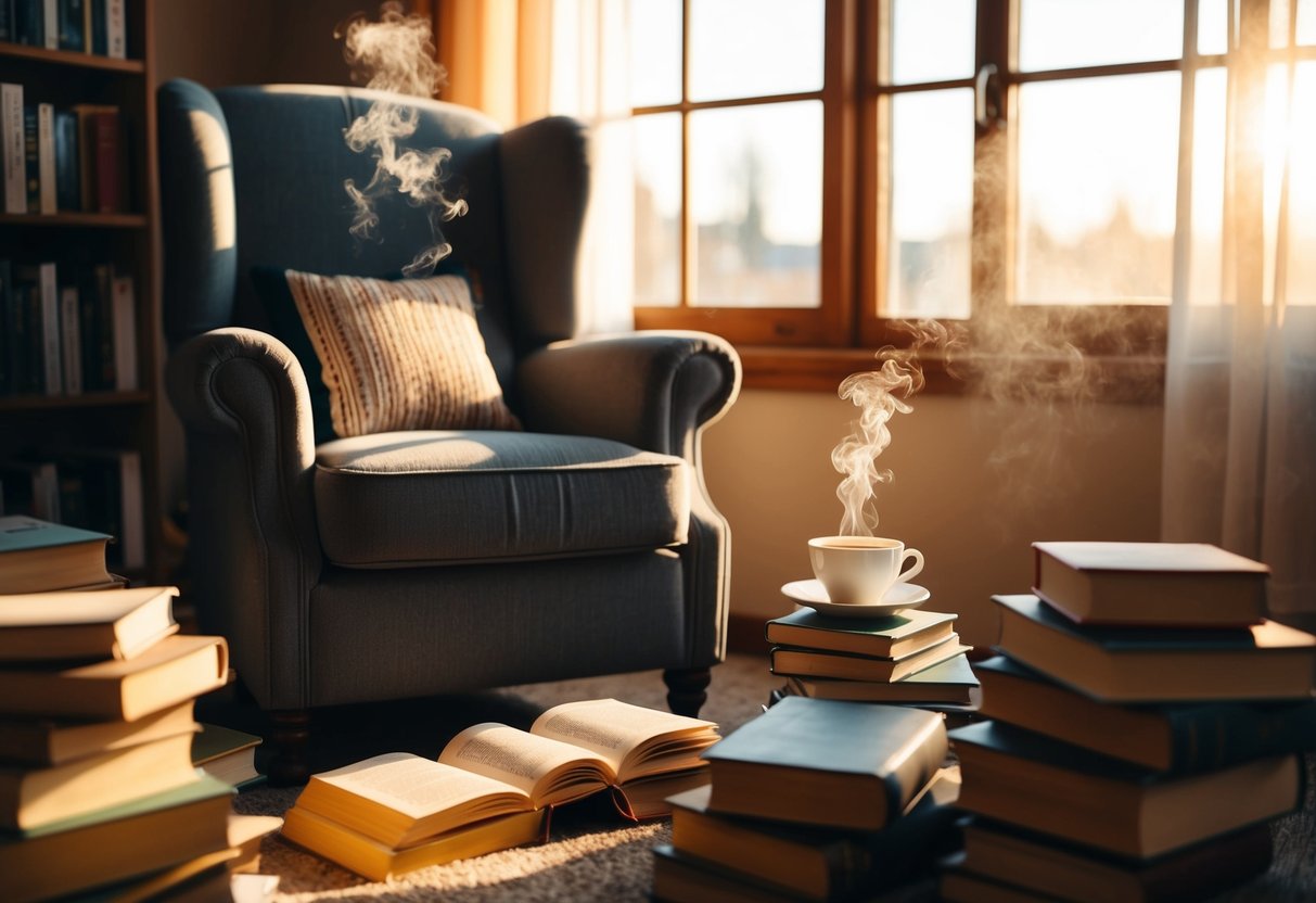 A cozy armchair surrounded by scattered books and a steaming cup of tea, bathed in warm sunlight filtering through the window