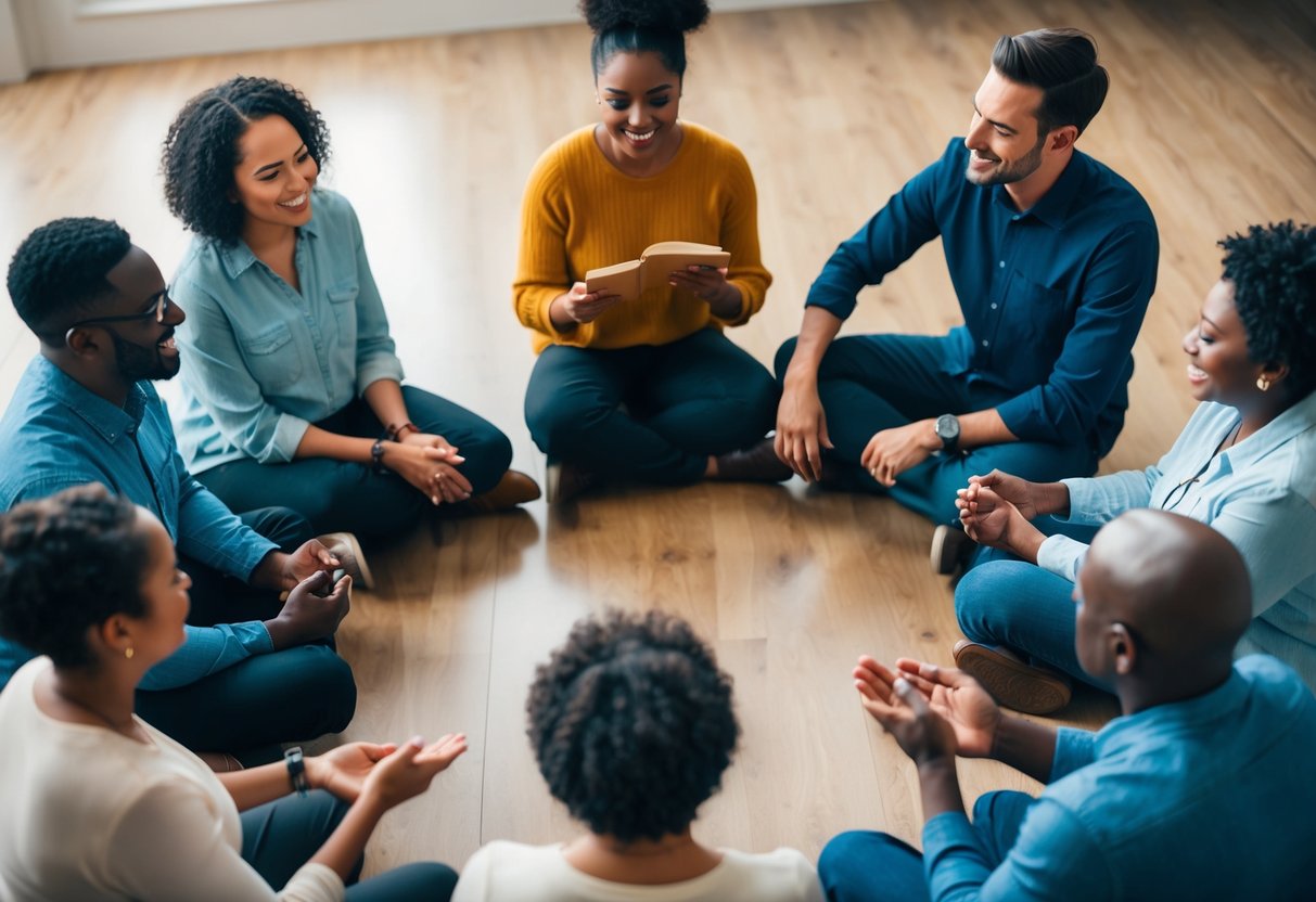 A group of diverse individuals sitting in a circle, sharing stories and offering support to one another. A warm and welcoming atmosphere with a sense of community and understanding