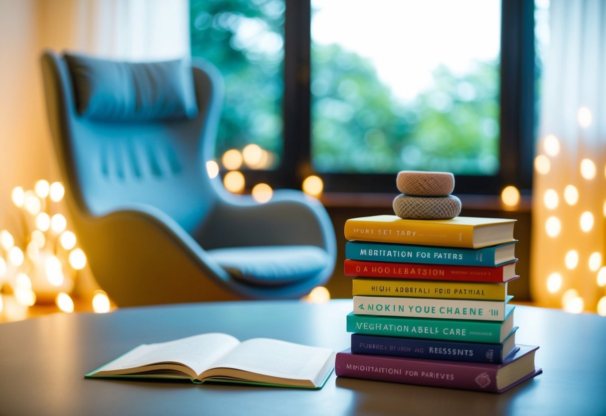 A serene room with soft lighting, a cozy chair, and a stack of books on meditation and self-care for parents