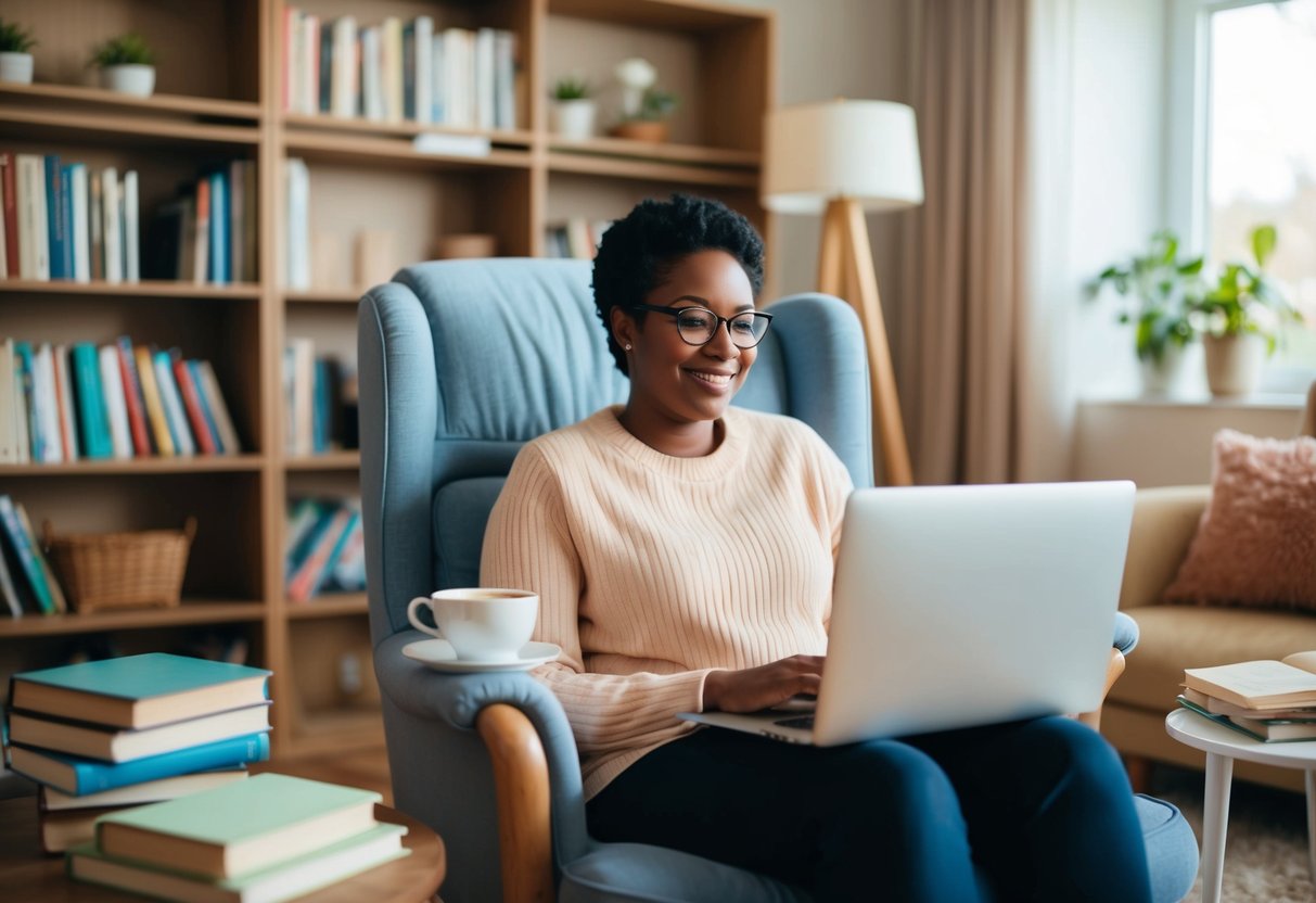 A cozy living room with a single parent sitting in a comfortable chair, surrounded by books, a laptop, and a cup of tea. A warm, supportive atmosphere is depicted through soft lighting and comforting decor